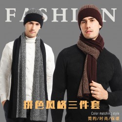 2025 Autumn And Winter Cross-border Europe And The United States New Knitted Double-sided Color Matching Scarf Thickened Scarf Hat Gloves Three-piece Set