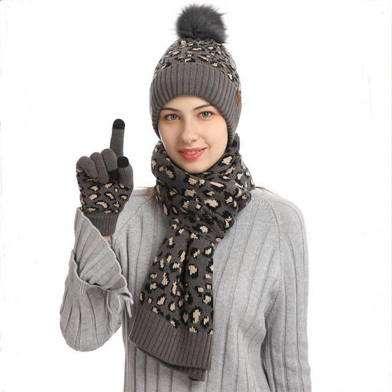 European And American Autumn And Winter Knitted Hat Suit Amazon New Female Leopard Warm Wool Hat Scarf Gloves Three-piece Set European And American Autumn And Winter Knitted Hat Suit Amazon New Female Leopard Warm Wool Hat Scarf Gloves Three-piece Set
