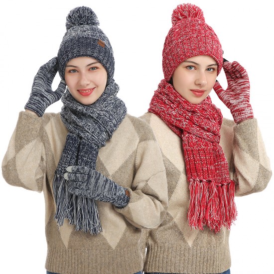 Autumn And Winter New Knitted Wool Europe And The United States Cross-border Color Hat Thickened Scarf Touch Screen Gloves Three-piece Set Manufacturers Autumn And Winter New Knitted Wool Europe And The United States Cross-border Color Hat Thickened Scarf Touch Screen Gloves Three-piece Set Manufacturers