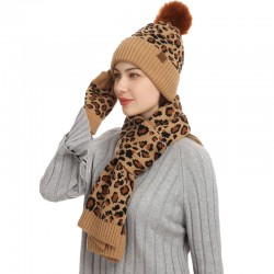 European And American Autumn And Winter Knitted Hat Suit Amazon New Female Leopard Warm Wool Hat Scarf Gloves Three-piece Set