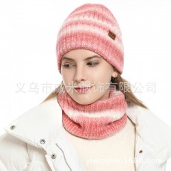 Amazon Autumn And Winter Cross-border European And American Women's Scarf Hat Two-piece Set Gradient Wind Warm Knitted Wool Hat