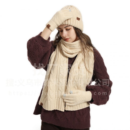 Cross-border Hat Men's And Women's Autumn And Winter Coarse Wool Twist Fleece-lined Knitted Hat Gloves Scarf Warm Suit Wholesale Cross-border Hat Men's And Women's Autumn And Winter Coarse Wool Twist Fleece-lined Knitted Hat Gloves Scarf Warm Suit Wholesale