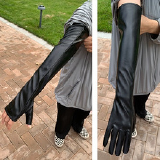50CM touch screen leather super-long gloves, extended dancing leather jacket elbow guard, black sexy nightclub lady fur gloves