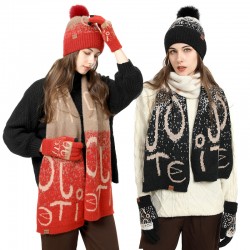 2025 Cross-border Foreign Trade Amazon Winter Needle Ladies Jacquard Padded Imitation Mink Velvet Scarf Hat Gloves Three-piece Set