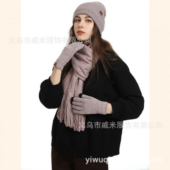 Custom Amazon European And American Autumn And Winter Fleece-lined Knitted Hat Scarf Gloves Suit Men And Women Warm Wool Three-piece Set Custom Amazon European And American Autumn And Winter Fleece-lined Knitted Hat Scarf Gloves Suit Men And Women Warm Wool Three-piece Set