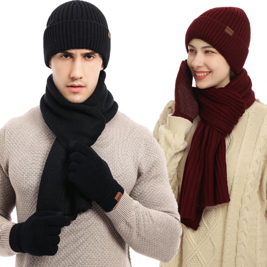 Factory Autumn And Winter New European And American Knitted Hat Suit Amazon Men's And Women's Winter Solid Color Scarf Hat Three-piece Set Factory Autumn And Winter New European And American Knitted Hat Suit Amazon Men's And Women's Winter Solid Color Scarf Hat Three-piece Set
