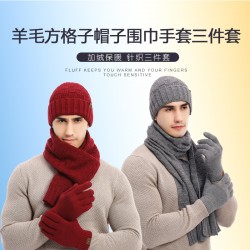 2025 New Wool Scarf Thickened High-grade Winter Warm Plaid Hat Scarf Gloves Three-piece In Stock