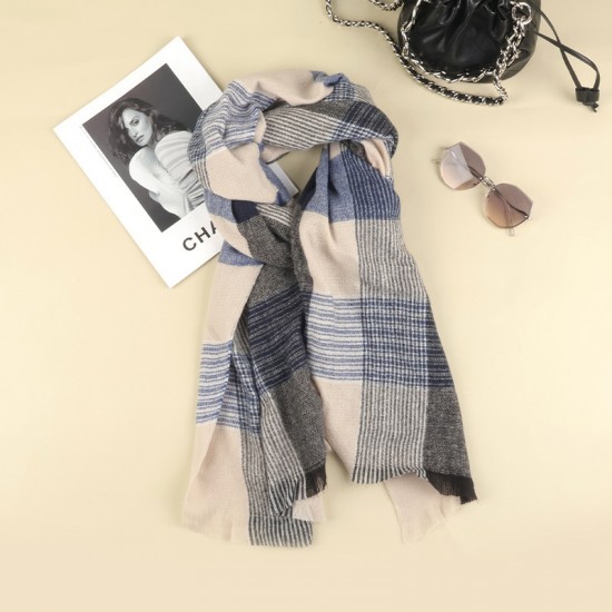 Blue checkered whitening scarf for women, thick and warm faux cashmere scarf for autumn and winter, student Korean version versatile shawl trendy Blue checkered whitening scarf for women, thick and warm faux cashmere scarf for autumn and winter, student Korean version versatile shawl trendy