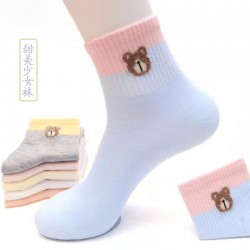 Autumn and winter candy-colored cute women's socks, Japanese style bear solid color mid-calf socks, all-season patchwork color ins trendy and versatile socks