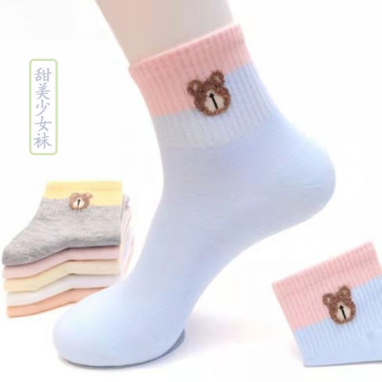 Autumn and winter candy-colored cute women's socks, Japanese style bear solid color mid-calf socks, all-season patchwork color ins trendy and versatile socks Autumn and winter candy-colored cute women's socks, Japanese style bear solid color mid-calf socks, all-season patchwork color ins trendy and versatile socks