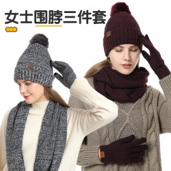 European And American Ladies Winter Wool Ab Yarn Knitting Plus Fluff Ball Double Hat Scarf Gloves Three-piece In Stock