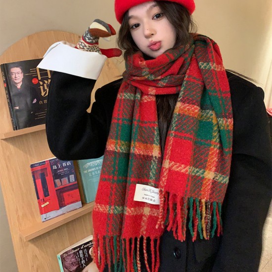 Wholesale New Year atmosphere Chinese red tassel women's autumn and winter new style knitted warm Korean version Christmas checkered scarves Wholesale New Year atmosphere Chinese red tassel women's autumn and winter new style knitted warm Korean version Christmas checkered scarves