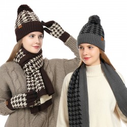 Cross-border Winter New Knitted Wool Warm Windproof Scarf Versatile Houndstooth Hat Scarf Gloves Three-piece Set
