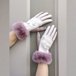Small Chanel-style diamond-encrusted flower gloves for women in winter, thickened PU fleece five-finger touch screen woolen gloves for cold and wind protection