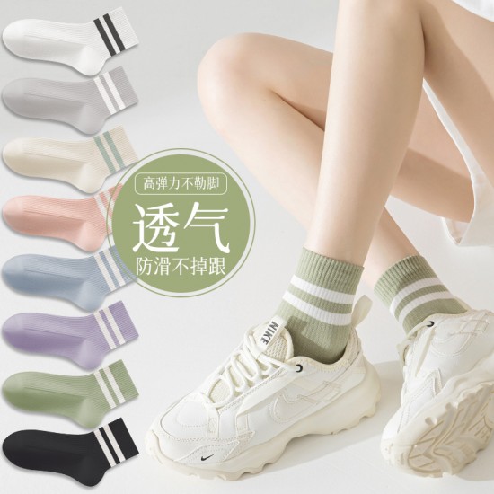 Cross-border women's solid color two-bar sweat-absorbing and breathable autumn and winter warm mid-leg socks, versatile and trendy candy-colored socks Cross-border women's solid color two-bar sweat-absorbing and breathable autumn and winter warm mid-leg socks, versatile and trendy candy-colored socks
