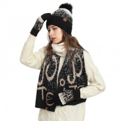 2025 Cross-border Foreign Trade Amazon Winter Needle Ladies Jacquard Padded Imitation Mink Velvet Scarf Hat Gloves Three-piece Set