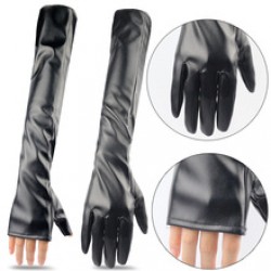 50CM touch screen leather super-long gloves, extended dancing leather jacket elbow guard, black sexy nightclub lady fur gloves