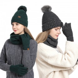 European And American Ladies Winter Wool Ab Yarn Knitting Plus Fluff Ball Double Hat Scarf Gloves Three-piece In Stock