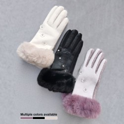 Small Chanel-style diamond-encrusted flower gloves for women in winter, thickened PU fleece five-finger touch screen woolen gloves for cold and wind protection