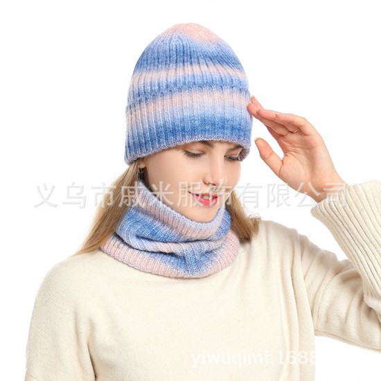 Amazon Autumn And Winter Cross-border European And American Women's Scarf Hat Two-piece Set Gradient Wind Warm Knitted Wool Hat Amazon Autumn And Winter Cross-border European And American Women's Scarf Hat Two-piece Set Gradient Wind Warm Knitted Wool Hat