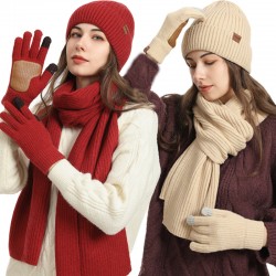 Foreign Trade New European And American Cross-border Amazon Winter Women's Wool Hat Scarf Gloves Leather Non-slip Three-piece Set