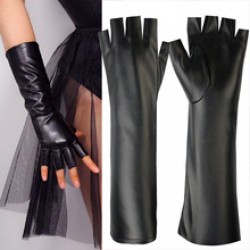 Extended leather gloves for women, half-finger thin, fleece, windproof, warm and stylish outdoor fur gloves